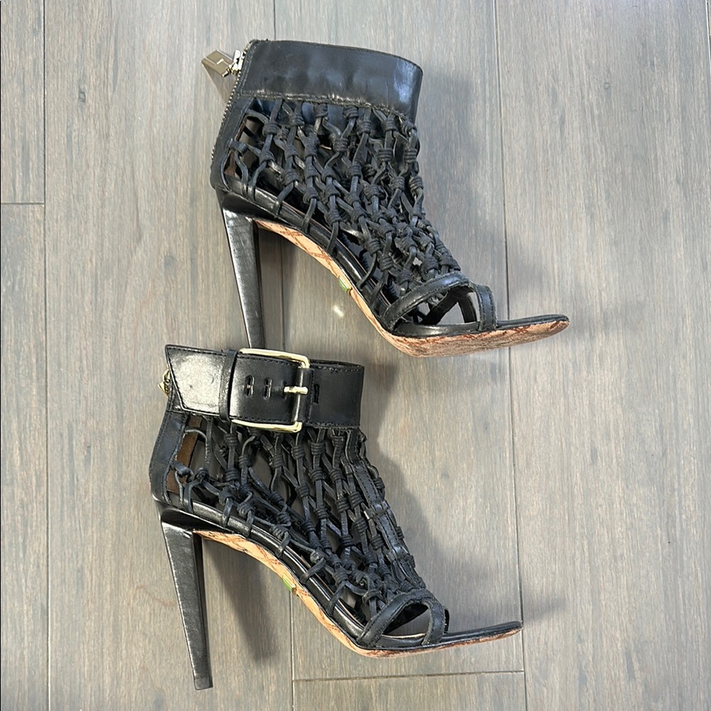 LAMB by Gwen Stefani Black Woven High Heel Cage Sandals Size 5.5 Harajuku